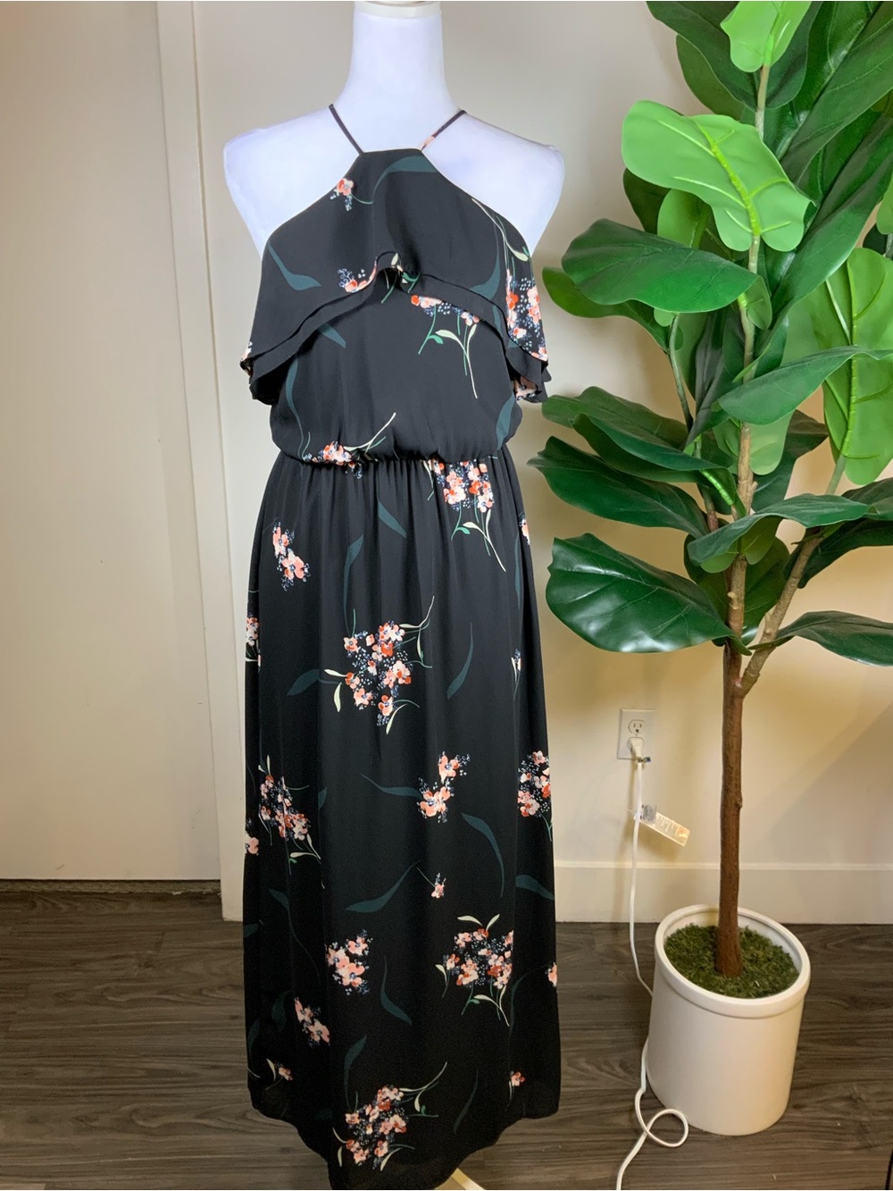 Lush Black Floral Halter Maxi Dress with Pink Flowers